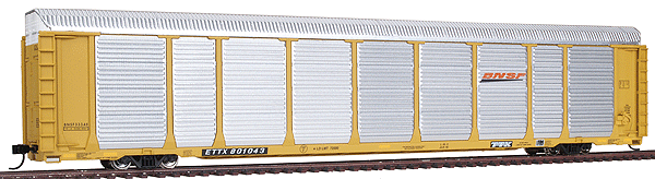 Walthers 4885 - BNSF, '89 closed auto carrier, tripple deck, yellow, BNSF 2005 Swoosh Logo